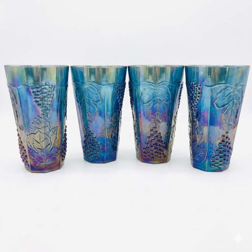 Vintage Indiana Iridescent Blue Carnival Glass Grape Pattern Tumblers Set of 4